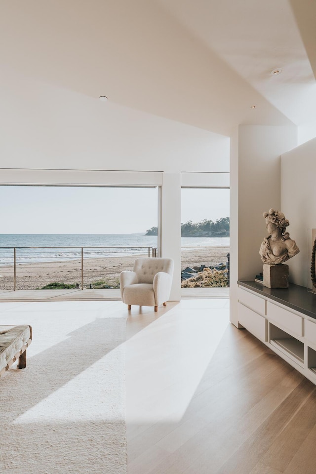 interior space with a beach view, vaulted ceiling, a water view, and light hardwood / wood-style flooring