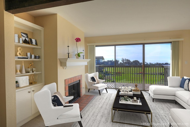 tiled living room with a tiled fireplace, a wealth of natural light, and built in shelves