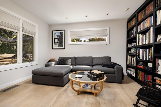 living room with plenty of natural light and light hardwood / wood-style floors