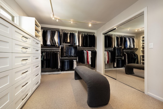 spacious closet featuring light colored carpet