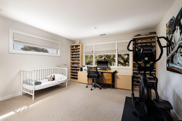 bedroom with light carpet