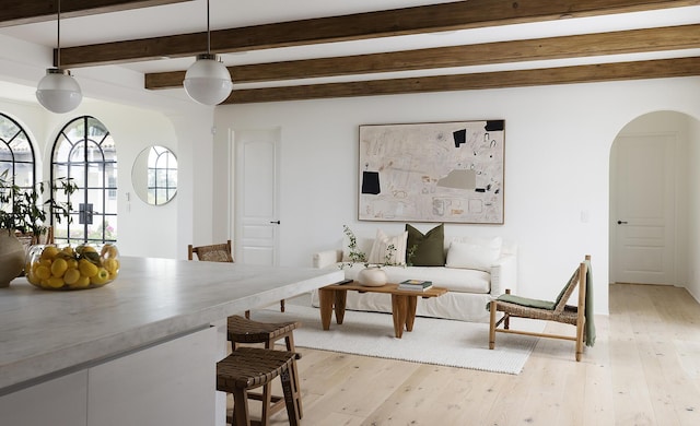 living room featuring light hardwood / wood-style flooring and beamed ceiling