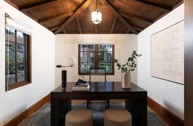 office area with lofted ceiling with beams, hardwood / wood-style flooring, and wood ceiling