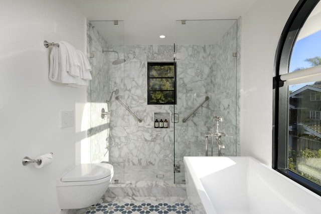 bathroom with toilet, tile patterned floors, independent shower and bath, and a healthy amount of sunlight