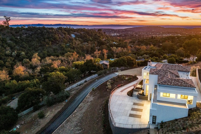 view of aerial view at dusk