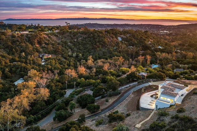 aerial view at dusk featuring a water view