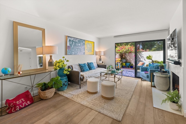 sitting room with a fireplace and light hardwood / wood-style flooring