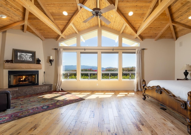 2408 Latigo Dr, Solvang, CA 93463 - bedroom featuring multiple windows, a mountain view, ceiling fan, and light wood-type flooring