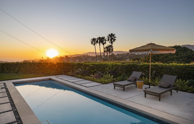 pool at dusk with a patio area and a fenced in pool