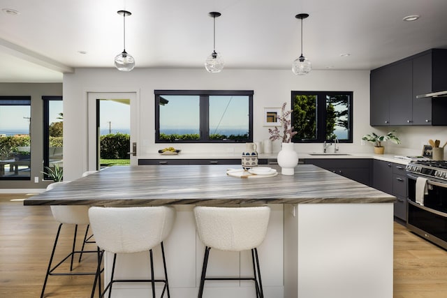 kitchen featuring a kitchen breakfast bar, a healthy amount of sunlight, a sink, and double oven range