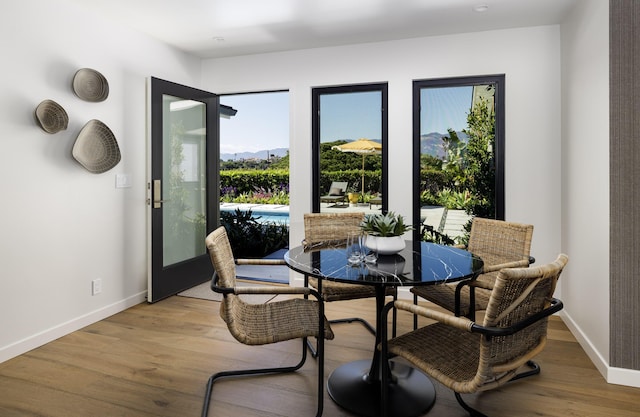 dining area featuring baseboards, a healthy amount of sunlight, and wood finished floors