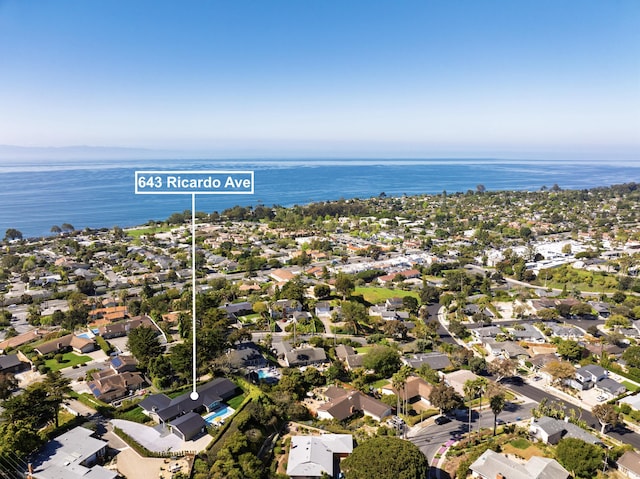 aerial view featuring a water view and a residential view
