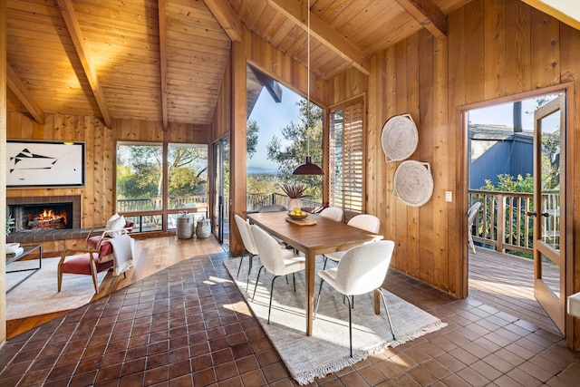 dining room with a fireplace, high vaulted ceiling, wooden ceiling, beamed ceiling, and wood walls