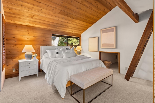 carpeted bedroom with vaulted ceiling with beams and wooden ceiling