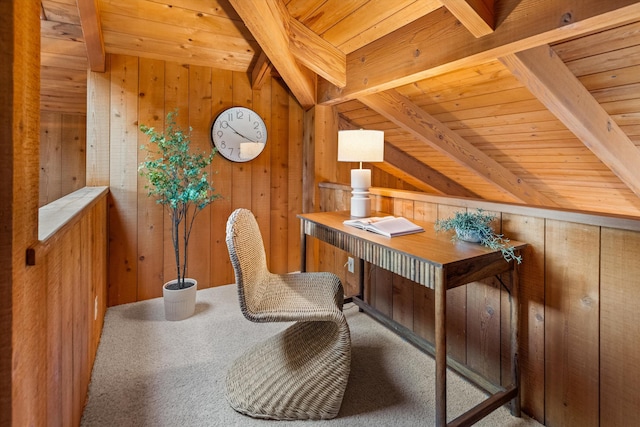 carpeted home office featuring beamed ceiling, wooden ceiling, and wooden walls