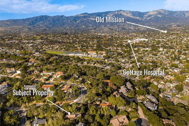 birds eye view of property featuring a mountain view