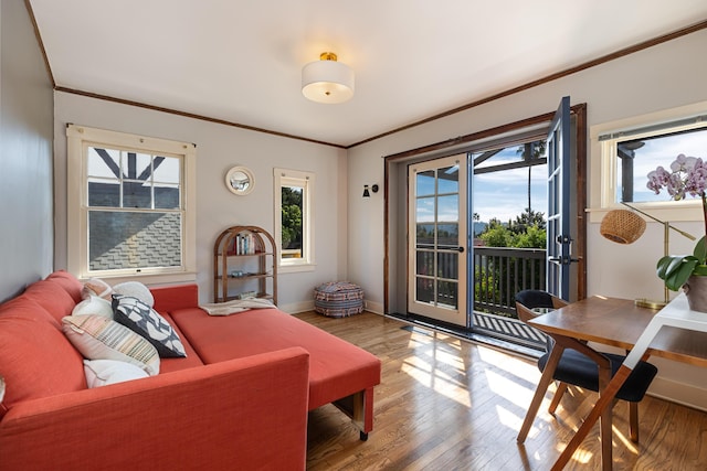 living room with hardwood / wood-style floors and ornamental molding