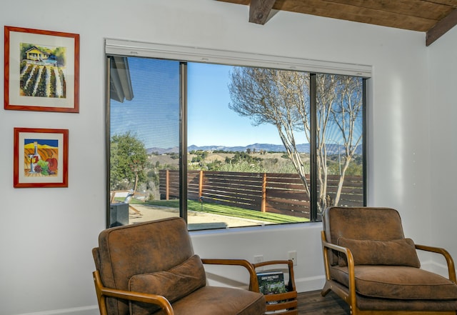 living area with a mountain view, wood-type flooring, and beam ceiling