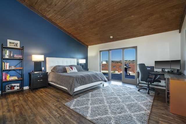 bedroom with access to exterior, dark wood-type flooring, and wood ceiling