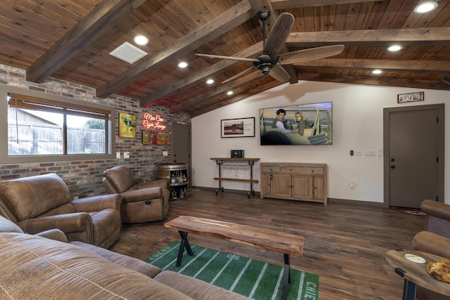 living room with wood ceiling, ceiling fan, brick wall, and dark hardwood / wood-style floors