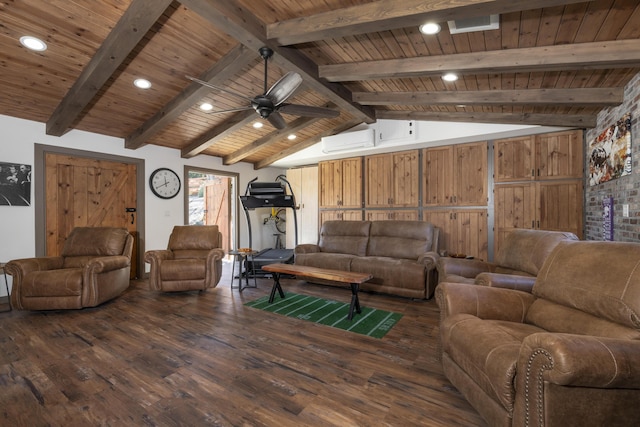 living room with a wall mounted air conditioner, dark hardwood / wood-style flooring, ceiling fan, wooden ceiling, and vaulted ceiling with beams