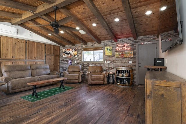 living room featuring vaulted ceiling with beams, ceiling fan, dark hardwood / wood-style flooring, and brick wall