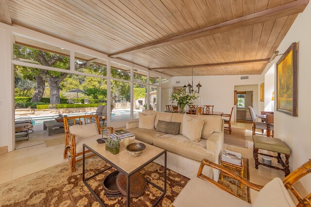 708 Cuyama Rd, Ojai, CA 93023 - sunroom featuring beam ceiling, plenty of natural light, and wood ceiling