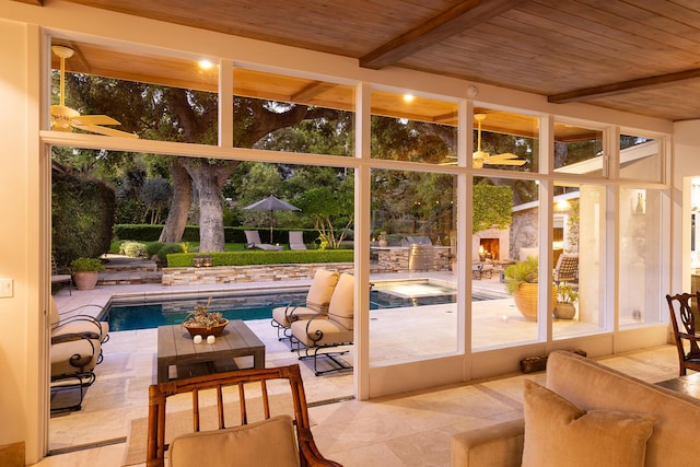 708 Cuyama Rd, Ojai, CA 93023 - sunroom featuring beamed ceiling, wood ceiling, and a swimming pool