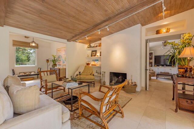 708 Cuyama Rd, Ojai, CA 93023 - living room with beam ceiling, rail lighting, and wood ceiling