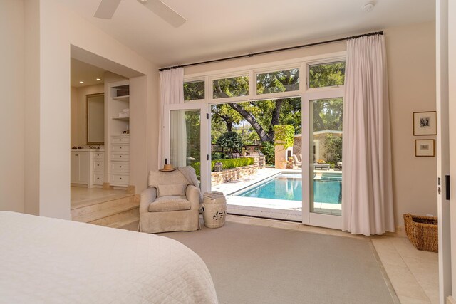 708 Cuyama Rd, Ojai, CA 93023 - bedroom featuring ceiling fan, access to exterior, and light tile patterned floors