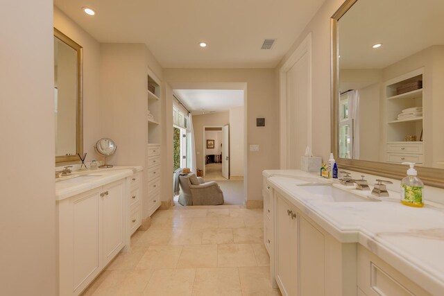 708 Cuyama Rd, Ojai, CA 93023 - bathroom with tile patterned floors, built in shelves, and vanity