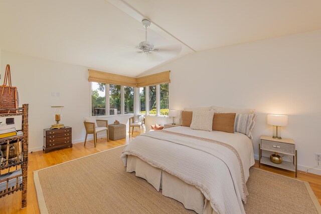 708 Cuyama Rd, Ojai, CA 93023 - bedroom featuring ceiling fan, lofted ceiling, and light wood-type flooring