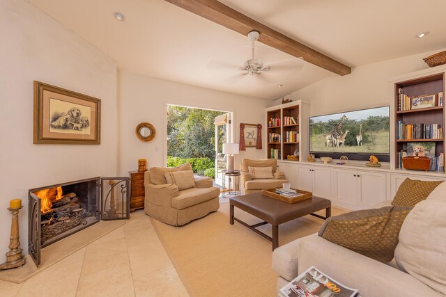 708 Cuyama Rd, Ojai, CA 93023 - tiled living room featuring lofted ceiling with beams and ceiling fan