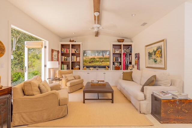 708 Cuyama Rd, Ojai, CA 93023 - living room featuring ceiling fan and vaulted ceiling