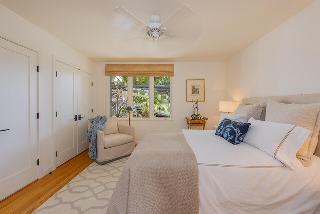 708 Cuyama Rd, Ojai, CA 93023 - bedroom featuring ceiling fan and light hardwood / wood-style flooring