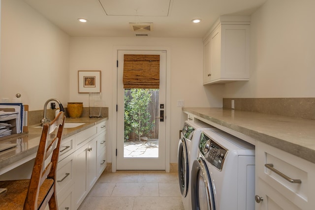 708 Cuyama Rd, Ojai, CA 93023 - laundry area featuring separate washer and dryer, sink, and cabinets