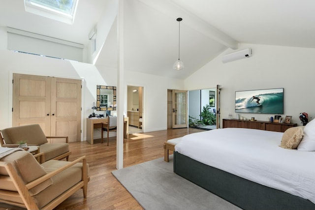 bedroom featuring beam ceiling, connected bathroom, high vaulted ceiling, and light hardwood / wood-style flooring