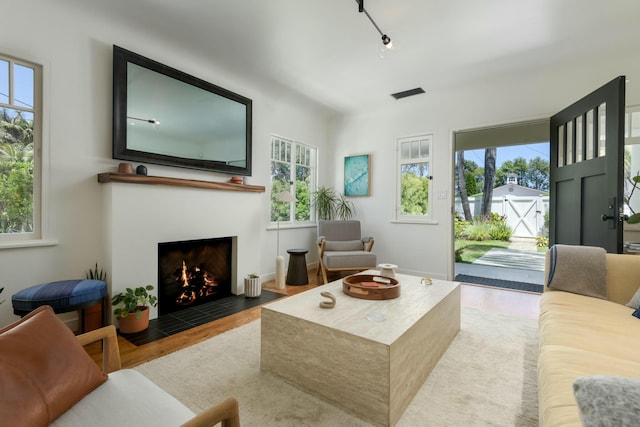 living room with plenty of natural light and light hardwood / wood-style flooring