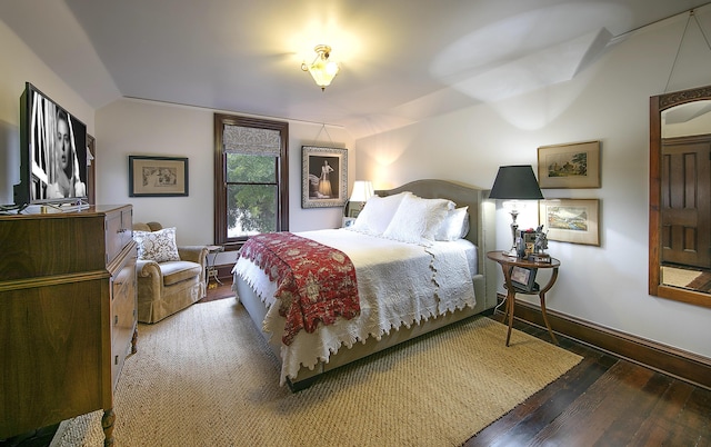 bedroom with lofted ceiling and dark wood-type flooring