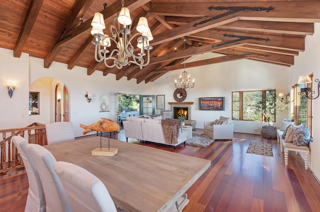 dining room featuring wooden ceiling, dark hardwood / wood-style flooring, beamed ceiling, high vaulted ceiling, and a notable chandelier