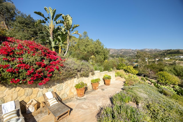 exterior space featuring a mountain view and a patio area