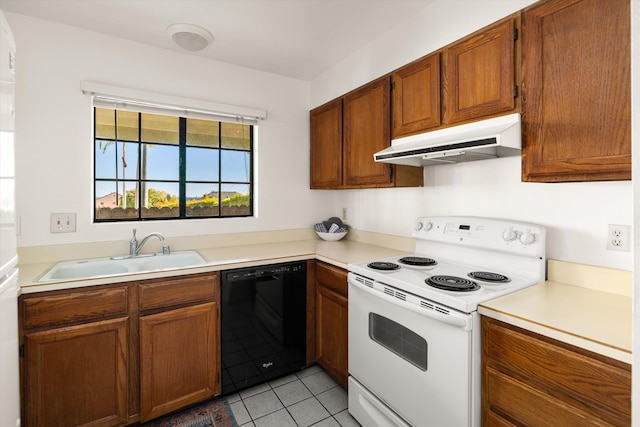 kitchen featuring electric range, sink, light tile patterned flooring, and black dishwasher