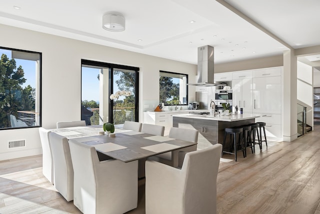 dining space featuring light wood-type flooring and sink