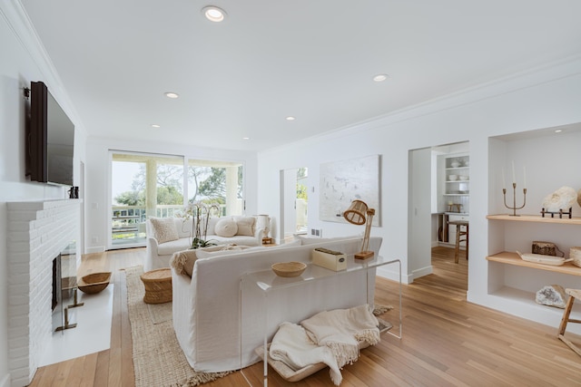 bedroom featuring ornamental molding, light wood-type flooring, and access to outside