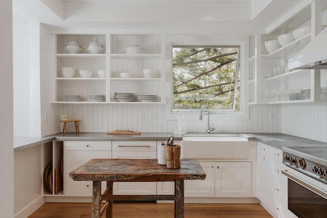 interior space with sink, white cabinetry, range with electric cooktop, custom range hood, and light wood-type flooring