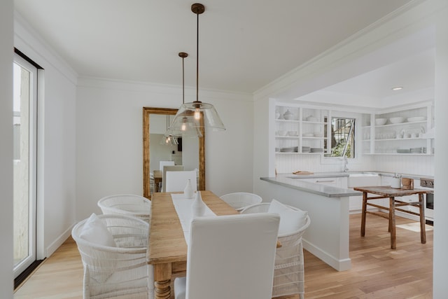 dining room with crown molding and light hardwood / wood-style flooring