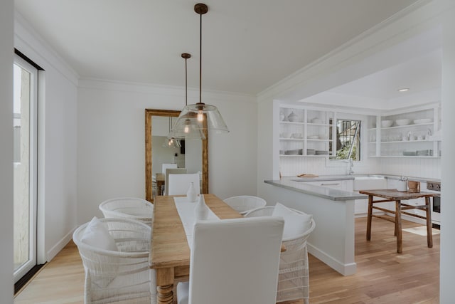 dining space featuring light hardwood / wood-style flooring and ornamental molding