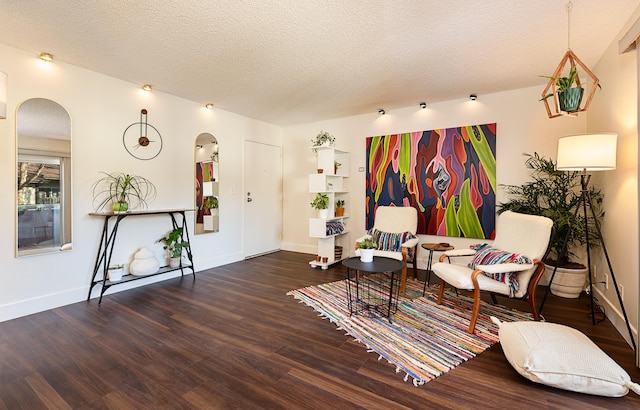 living area with a textured ceiling and dark hardwood / wood-style flooring