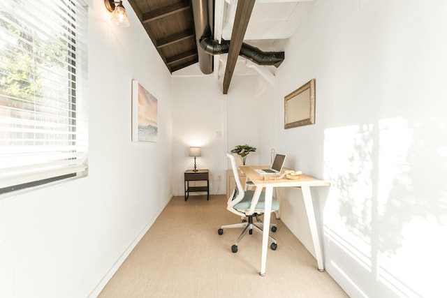 office area with vaulted ceiling with beams and wood ceiling