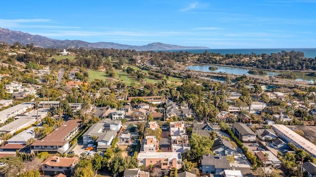 bird's eye view featuring a water and mountain view